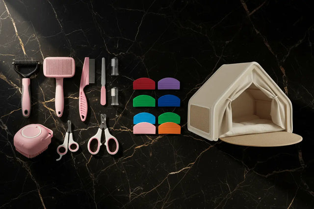 Pink grooming tools, coloured pouch squeezers and a beige tent-style hideaway arranged on black marble.