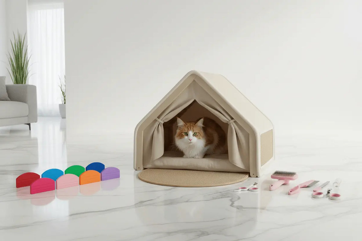 Beige cat tent with an orange-and-white cat inside, beside coloured pouch squeezers and pink grooming tools.