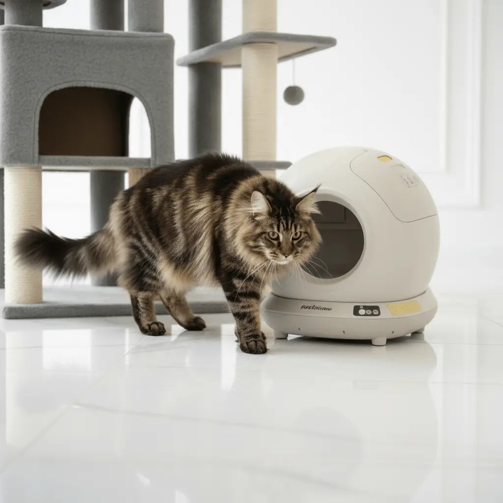 Tabby Maine Coon standing beside a white globe litter tray and charcoal cat tower