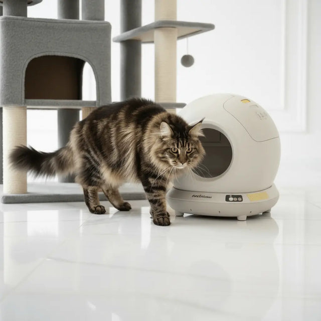 Tabby Maine Coon standing beside a white globe litter tray and charcoal cat tower