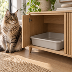 Compact cat litter tray fitted inside a Giant Paws style litter cabinet beside a Maine Coon
