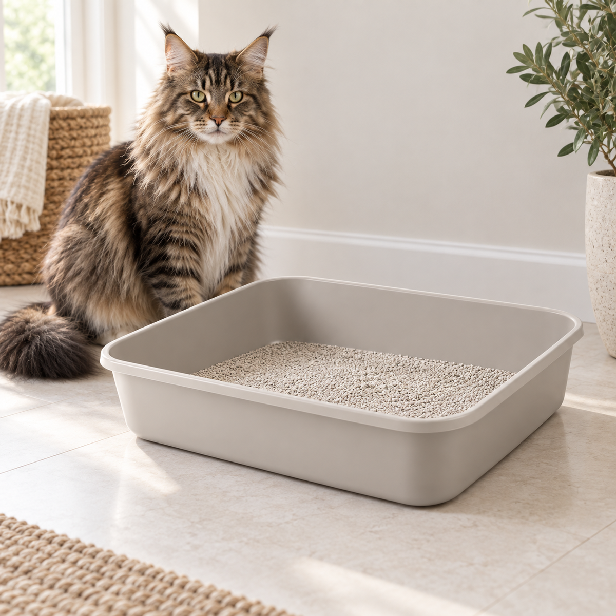Maine Coon beside The Cabinet Fit 48cm compact cat litter tray