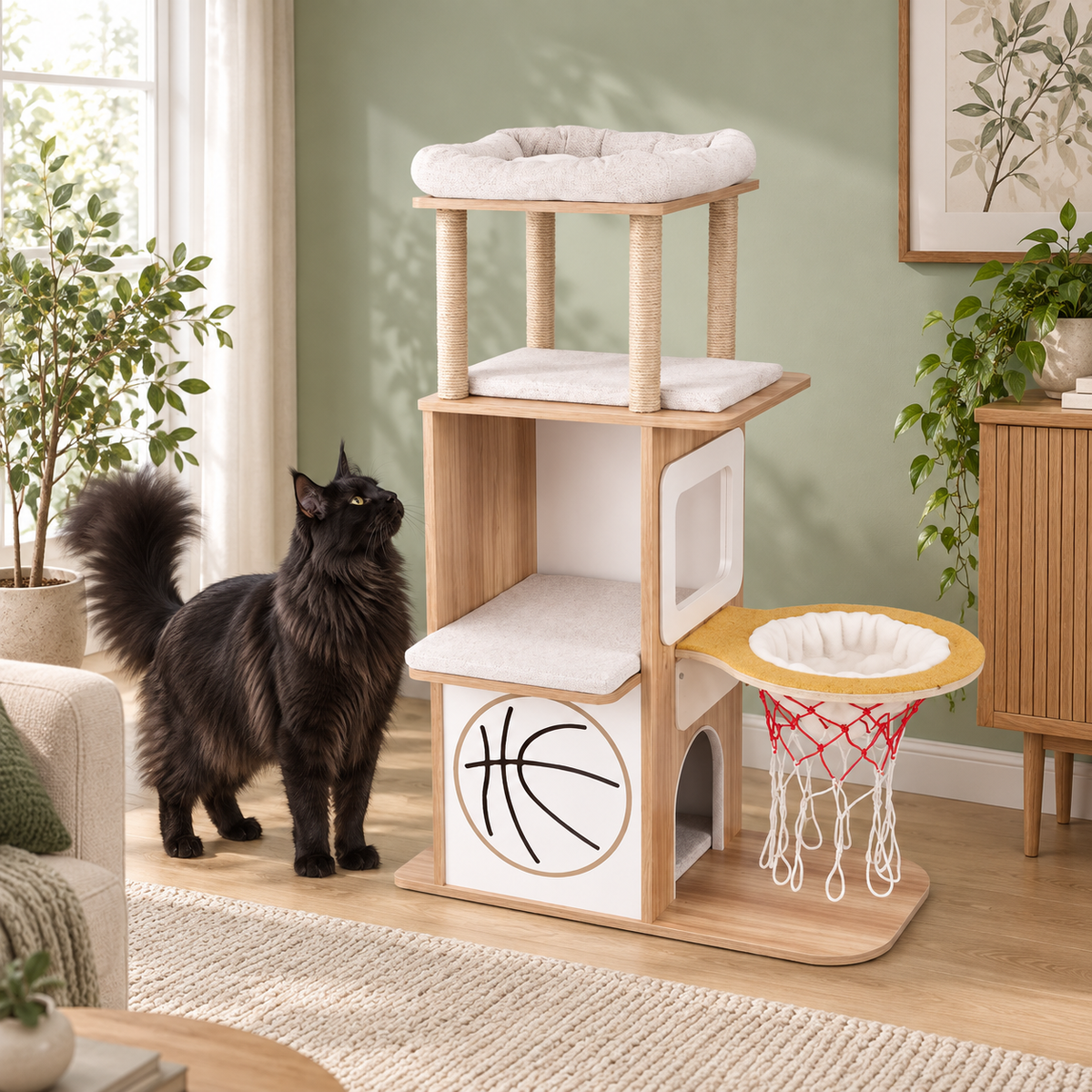 The Court House cat tower beside a solid black adult Maine Coon in a sage room