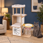 The Court House cat tower beside a solid blue-grey adult Maine Coon in a navy room