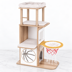 The Court House cat tower with basketball hammock on white marble flooring