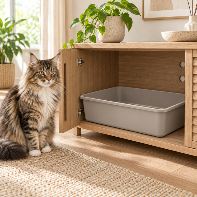 XL cat litter tray fitted inside a Giant Paws style litter cabinet beside a Maine Coon