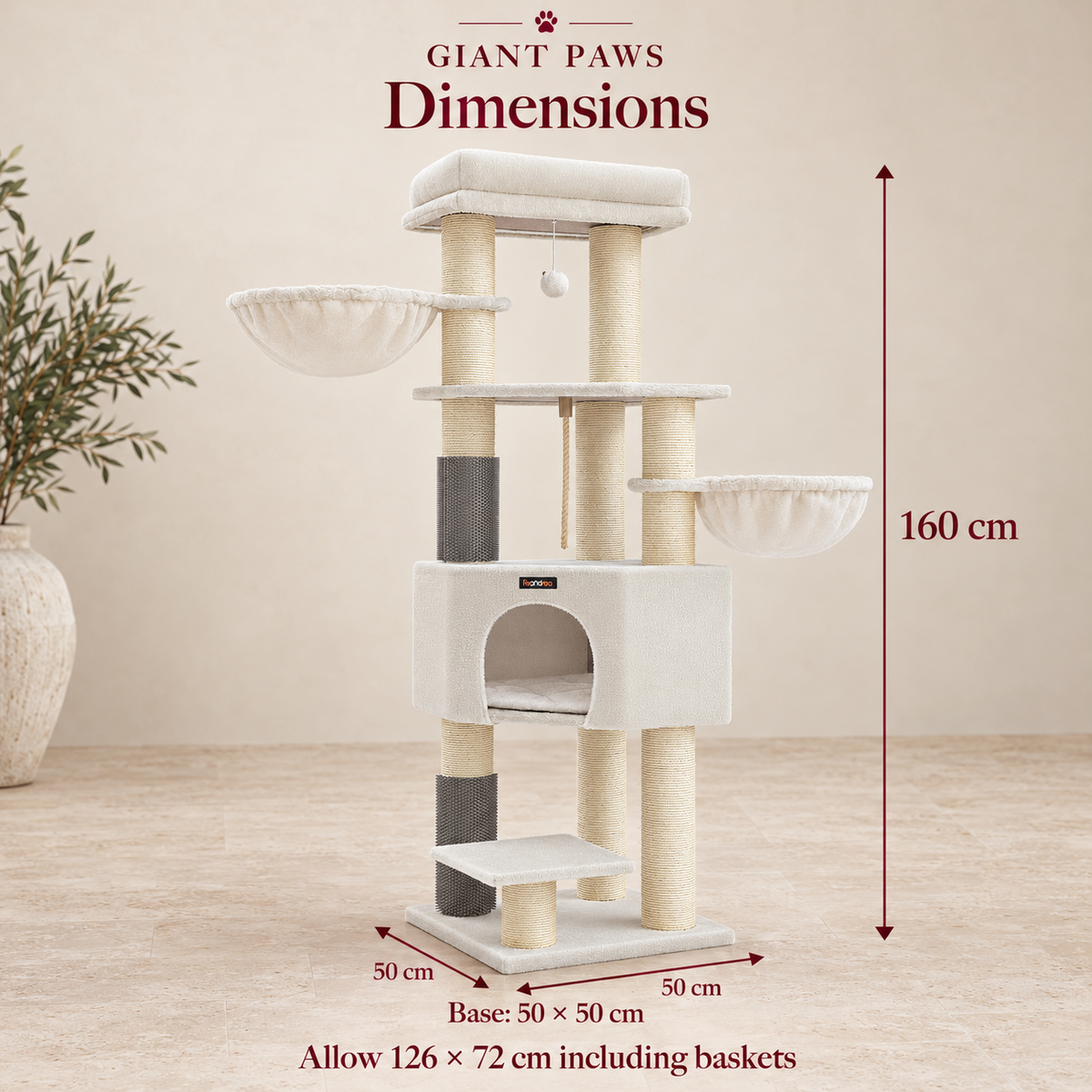 Ivory Crown dimensions: 160 cm high, 50 by 50 cm base; allow 126 by 72 cm including baskets