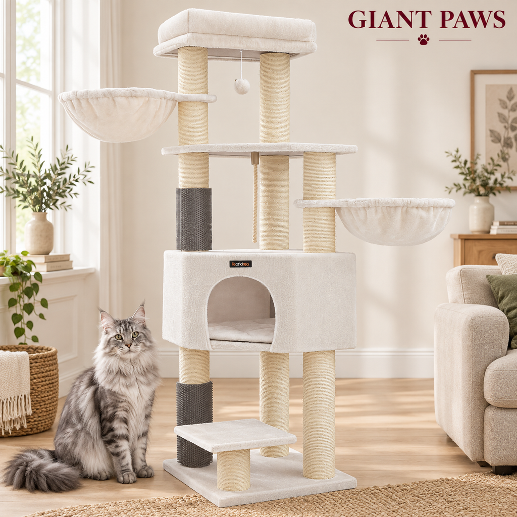 Ivory Crown cream cat tower beside a silver Maine Coon in an ivory living room