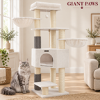 Ivory Crown cream cat tower beside a silver Maine Coon in an ivory living room