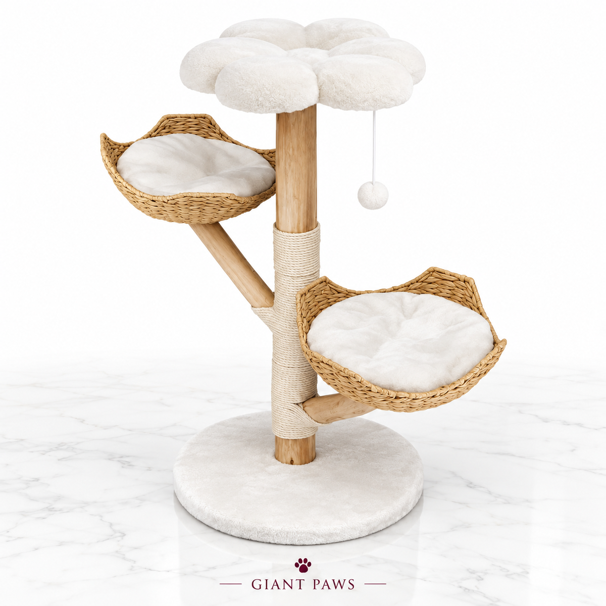 Willow Cloud 111cm cat tree on a white marble floor with a white studio background.