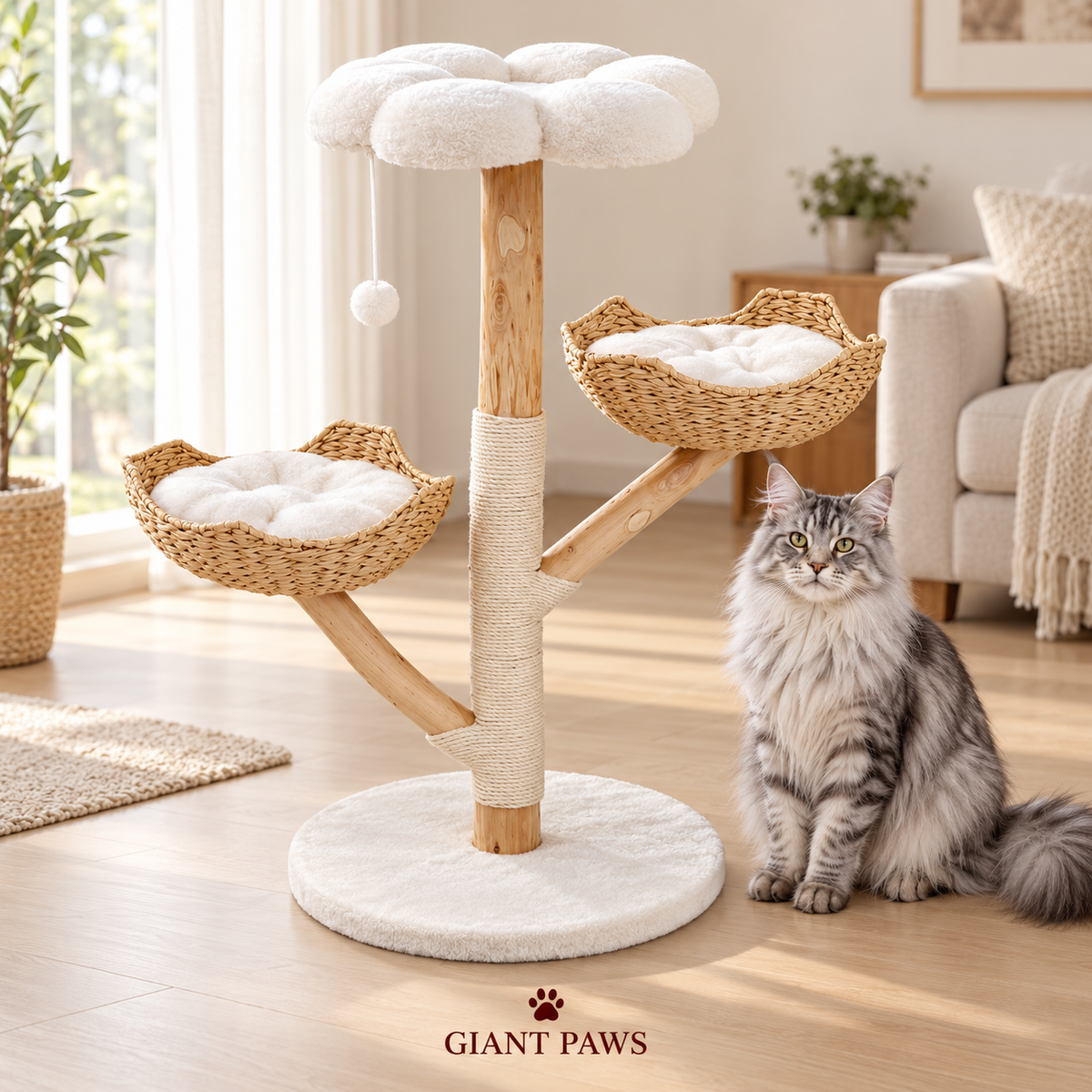 Willow Cloud cat tree in an ivory room beside a silver Maine Coon.