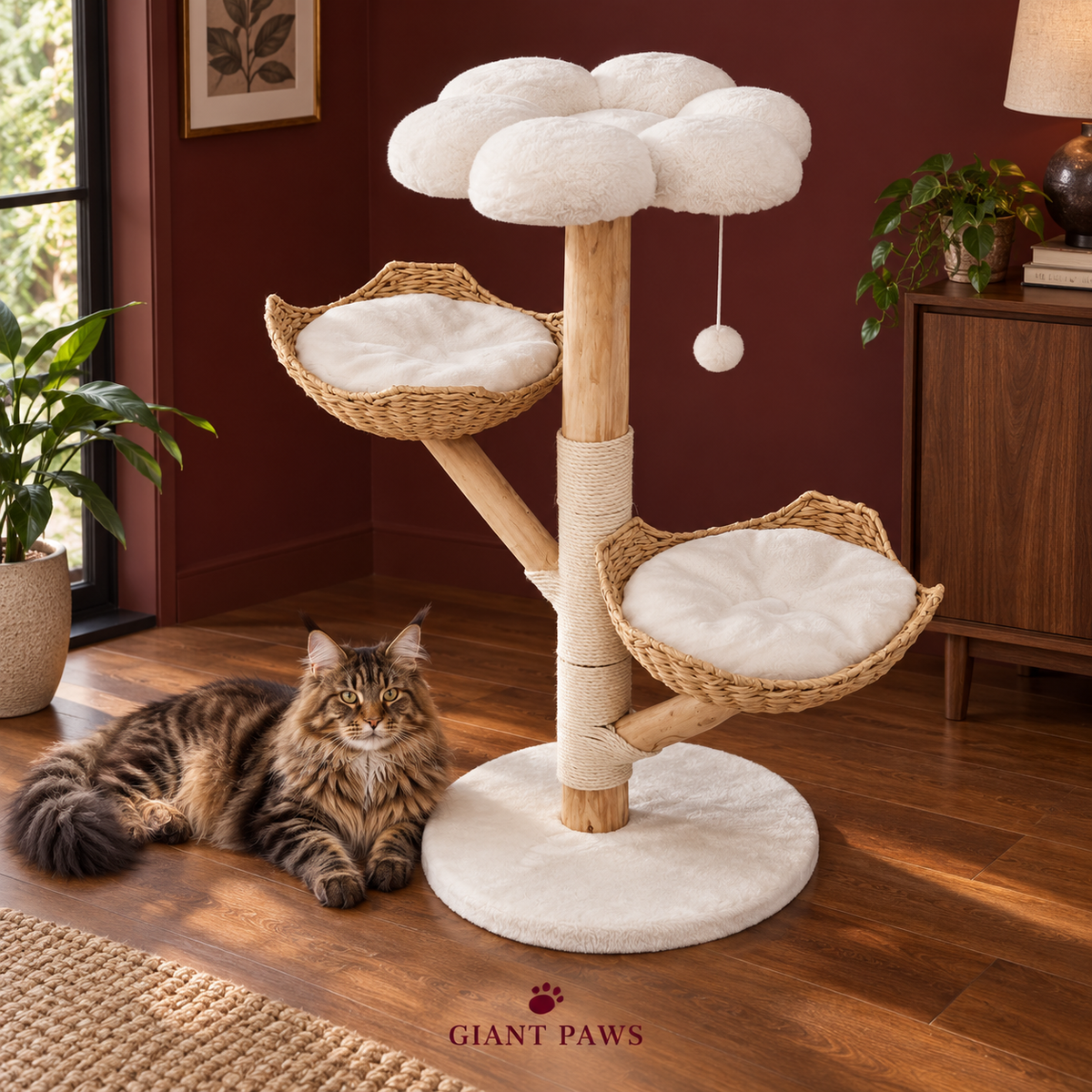 Willow Cloud cat tree in a burgundy room beside a brown Maine Coon.