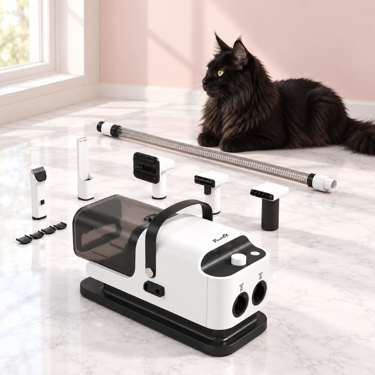 1.8L Cat Grooming Vacuum, Dryer & Clipper Set – The Coat Studio with a black Maine Coon in a light pink room