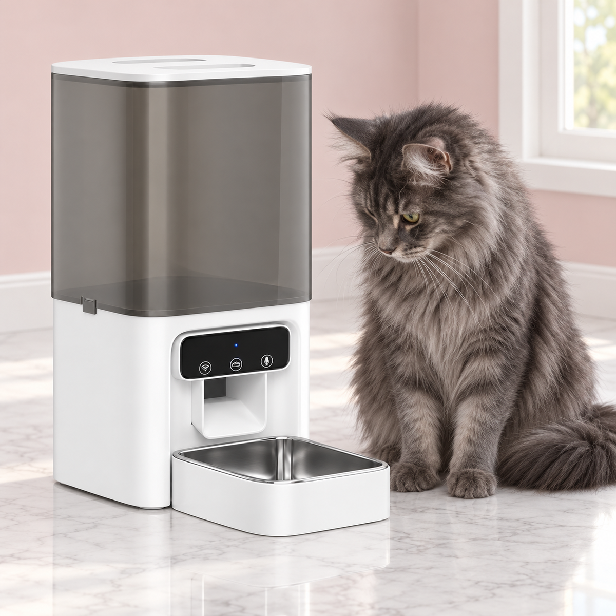 Maine Coon Automatic Cat Feeder 4.5L | Wi-Fi & Steel Bowl with a smoky grey Maine Coon in a light pink room