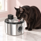 4L Cordless Stainless-Steel Cat Water Fountain – Motion Sensor, shown with a black Maine Coon in an empty light pink room.