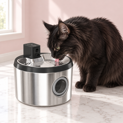4L Cordless Stainless-Steel Cat Water Fountain – Motion Sensor, shown with a black Maine Coon in an empty light pink room.