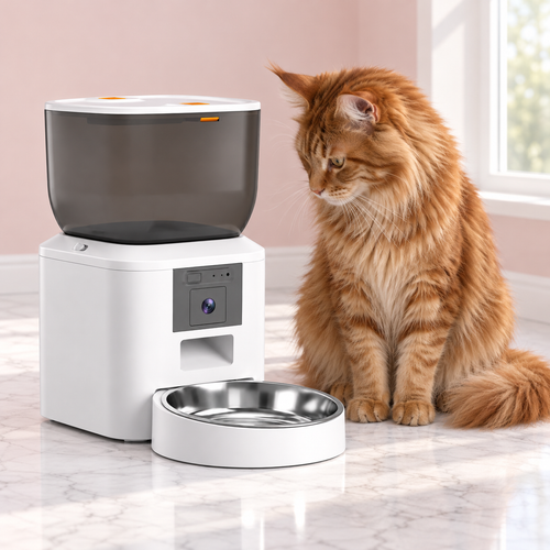4L Wi-Fi Cat Feeder with Camera & Two-Way Audio with a ginger Maine Coon in a light pink room