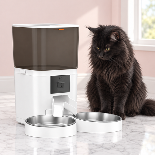 6L Dual-Bowl Wi-Fi Cat Feeder with 1080p Camera with a black Maine Coon in a light pink room