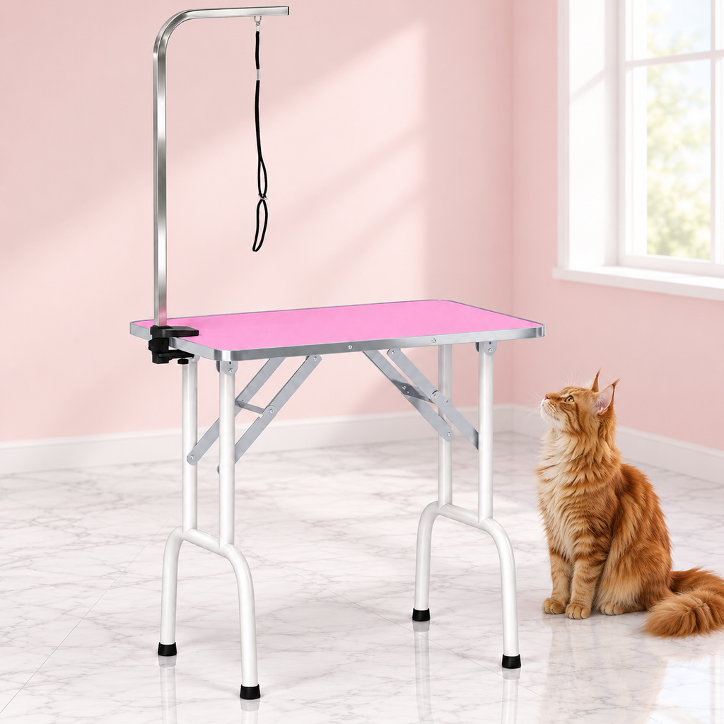 Folding Cat Grooming Table 81 cm – The Grooming Station with a ginger Maine Coon in a light pink room