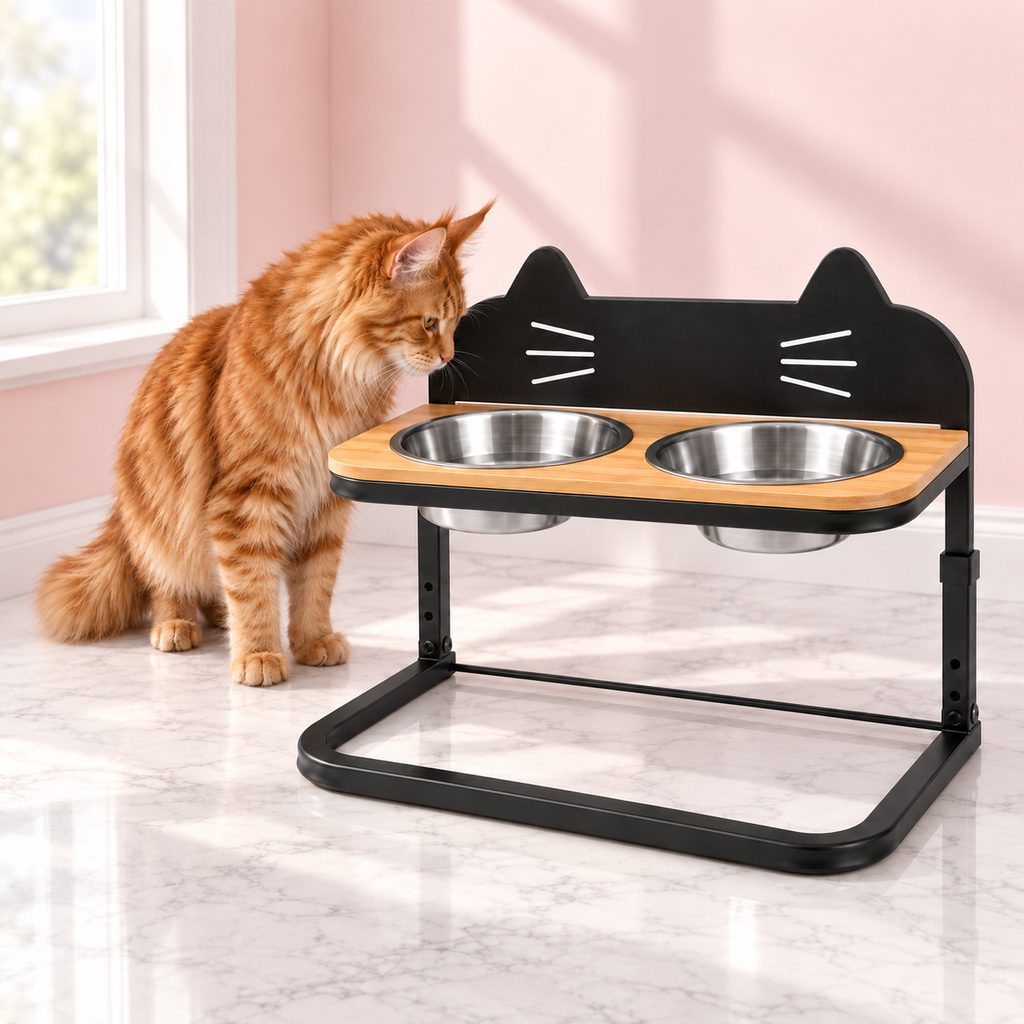 Adjustable Raised Cat Feeder with Two Steel Bowls with a ginger Maine Coon in a light pink room