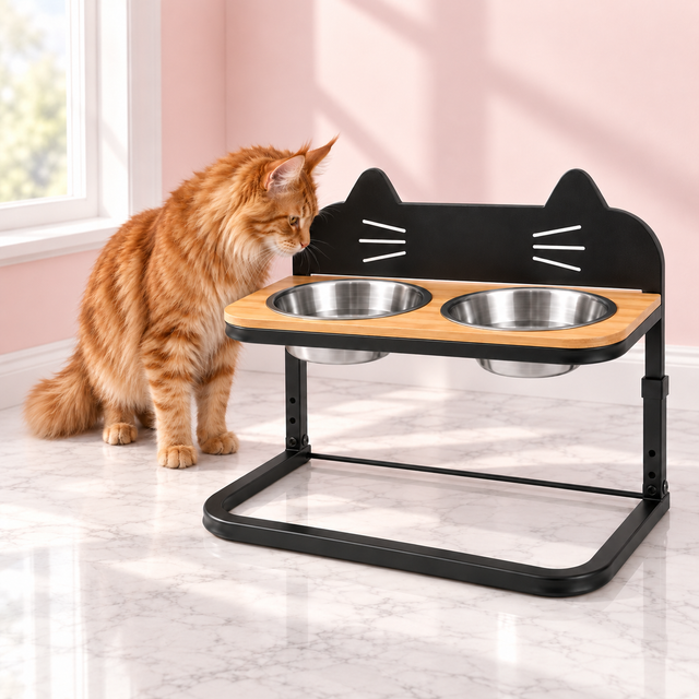 Adjustable Raised Cat Feeder with Two Steel Bowls