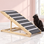 Adjustable Wooden Cat Ramp 110cm – Four-Height Folding Design, shown with a black Maine Coon in an empty light pink room.