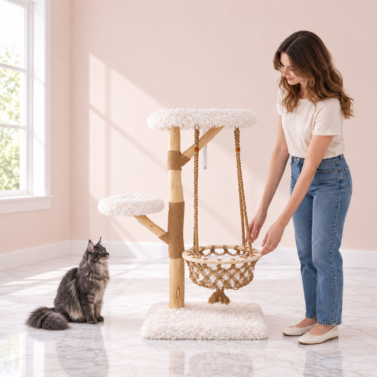 Pear-Wood Cat Tree & Hanging Cradle – The Arbor Retreat in an empty light pink room with white marble flooring and a smoky grey Maine Coon looking toward the product.