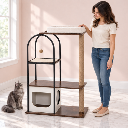 Cat Tree 118 cm – The Atelier Loft with a smoky grey Maine Coon in a light pink room