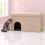 Beige Litter Box Enclosure with Movable Divider – The Sandstone Hideaway with a smoky grey Maine Coon in a light pink room