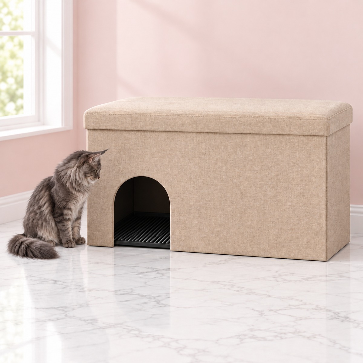Beige Litter Box Enclosure with Movable Divider – The Sandstone Hideaway with a smoky grey Maine Coon in a light pink room