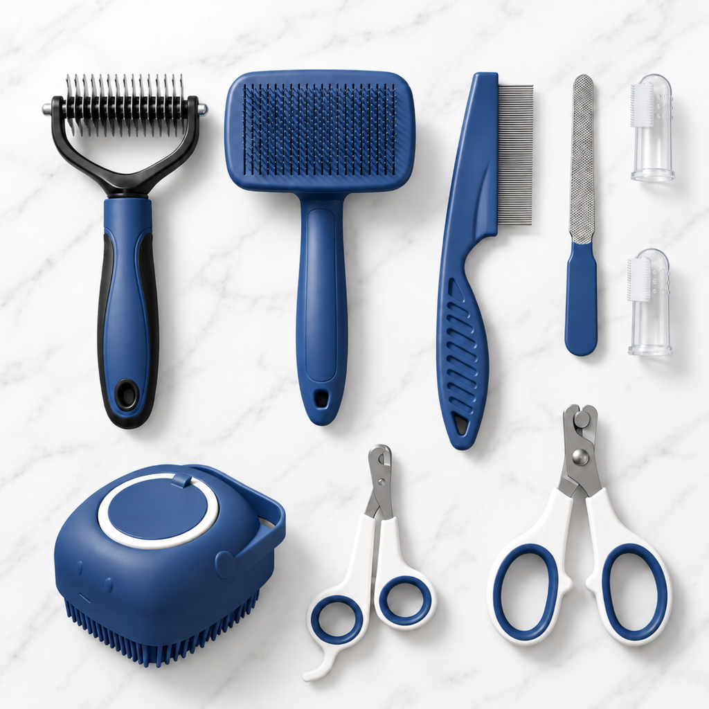 Cashmere Comb nine-piece blue grooming set with silver metal comb teeth on white marble