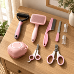 Nine-piece pink Cashmere Comb grooming set on an oak console in a neutral home