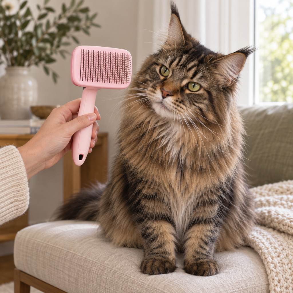 Maine Coon calmly inspecting the pink slicker brush during a pause in grooming