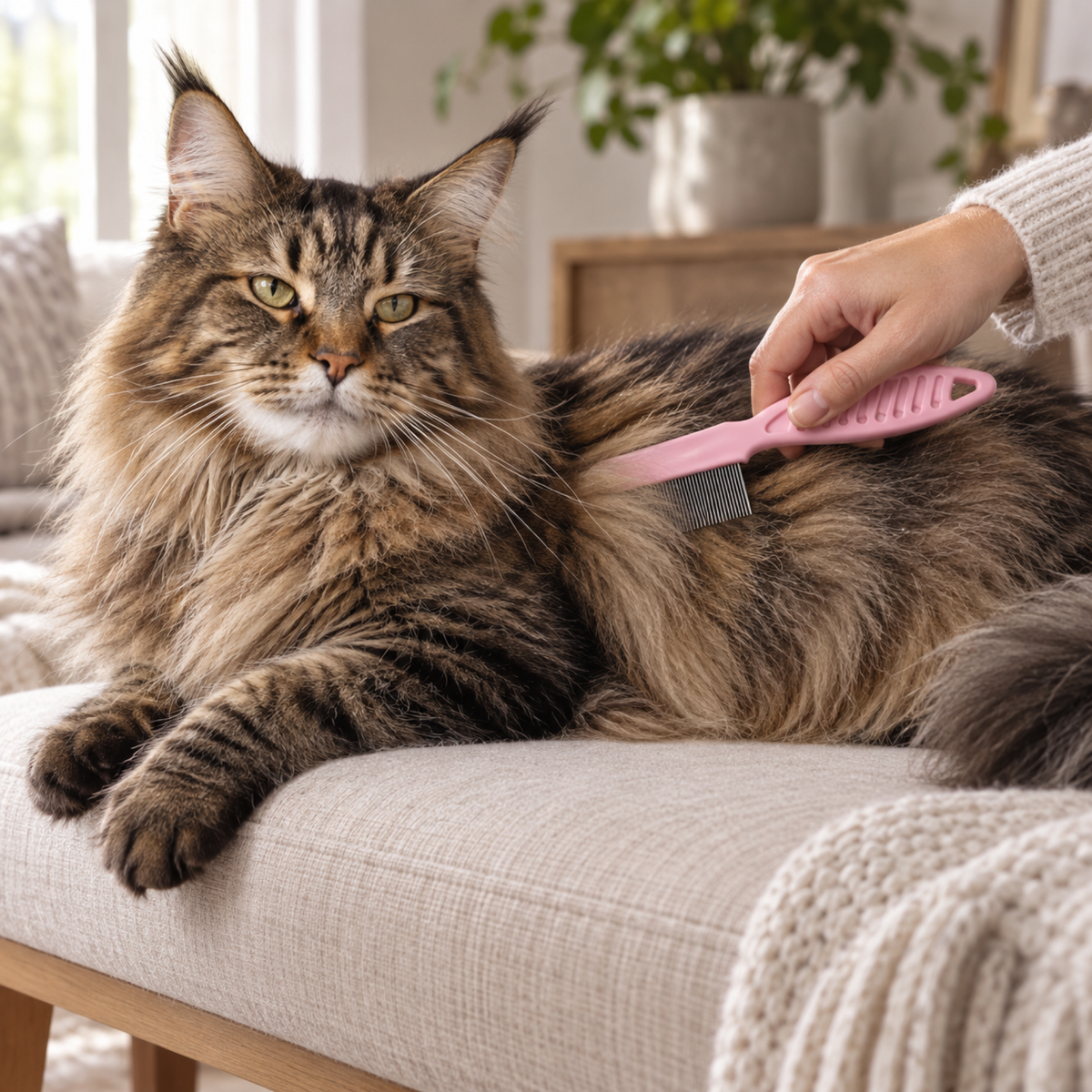 Maine Coon having a small section of its coat combed with the pink fine-tooth comb