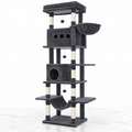Cat-Cave charcoal cat tree on white marble with two condos, basket and hammock