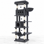 Cat-Cave charcoal cat tree on white marble with two condos, basket and hammock