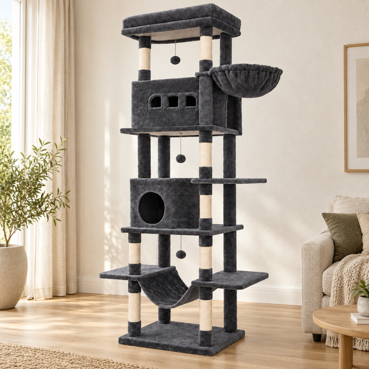 Cat-Cave tall cat tree in an elegant living room without cats