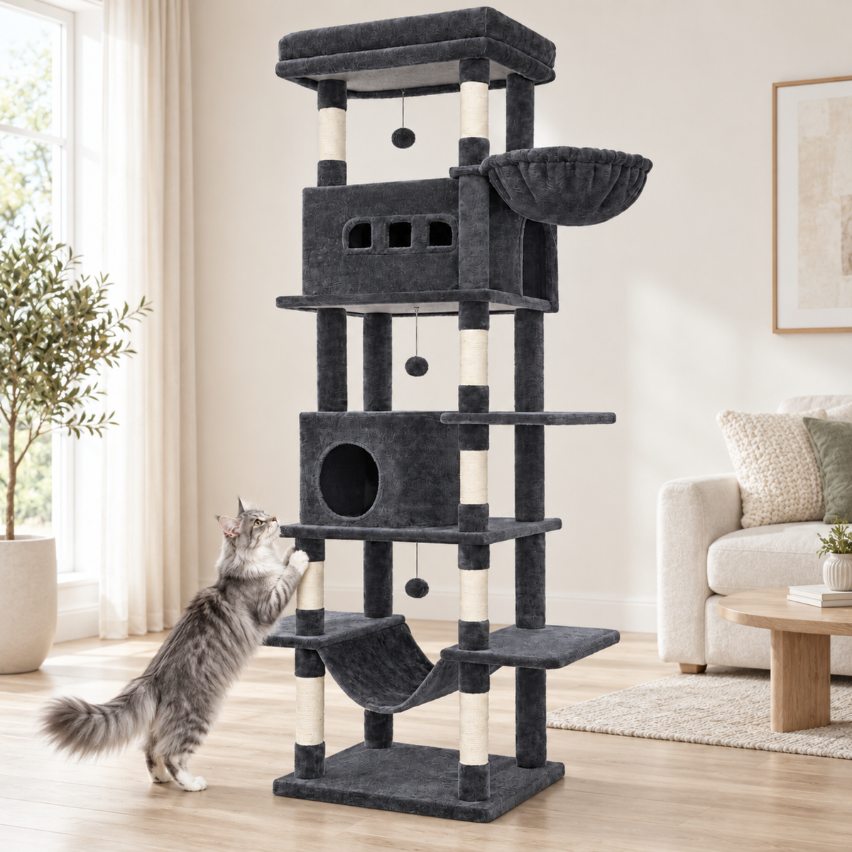 Illustrative silver-white Maine Coon scratching a lower post of the Cat-Cave tower