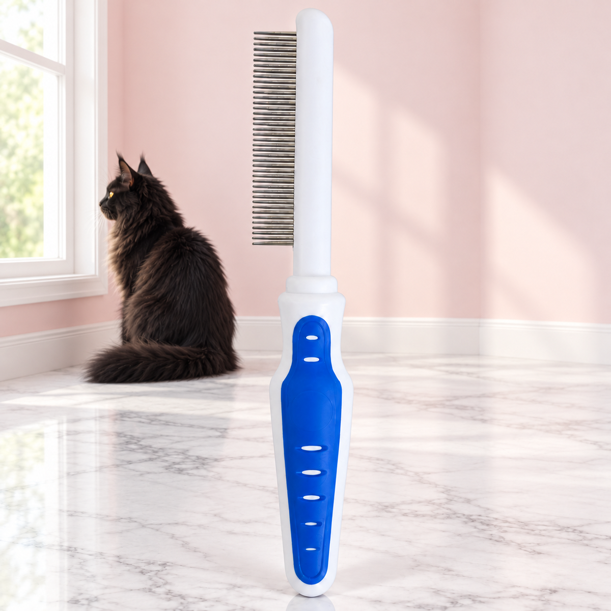 Cat Grooming Comb with Comfort Grip – The Velvet Comb with a black Maine Coon in a light pink room
