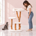 Cat Tree 110cm | Pear-Wood Perch Tower – The Orchard Perch with a smoky grey Maine Coon in a light pink room