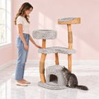 Cat Tree 124cm | Wooden Tower with Condo – The Ashwood Nest with a smoky grey Maine Coon in a light pink room