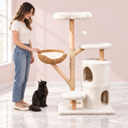 Cat Tree 142cm | Natural Wood Tower – The Blossom Residence with a black Maine Coon in a light pink room