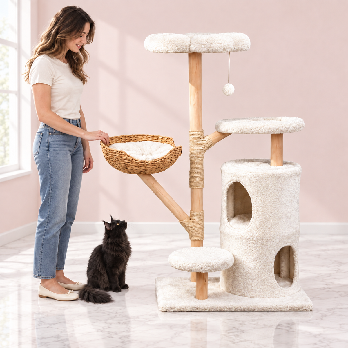 Cat Tree 142cm | Natural Wood Tower – The Blossom Residence with a black Maine Coon in a light pink room