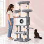 Cat Tree 166cm | Modern Multi-Level Tower – The Slate Haven with a black Maine Coon in a light pink room