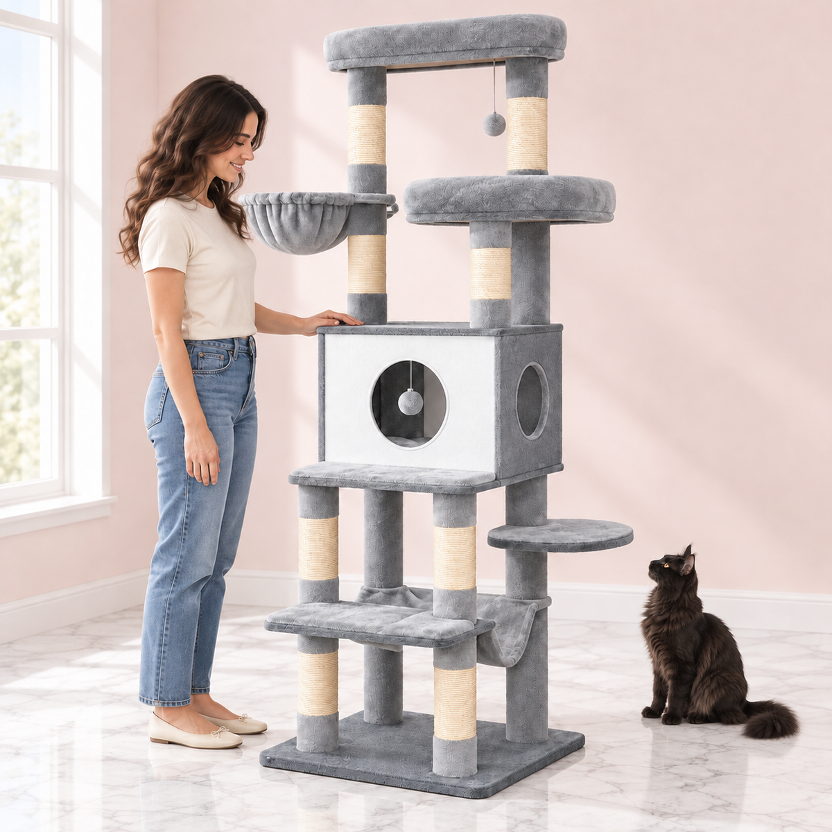 Cat Tree 166cm | Modern Multi-Level Tower – The Slate Haven with a black Maine Coon in a light pink room