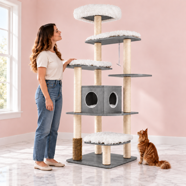 Chestnut Retreat179cm wooden cat tree in grey finish with a ginger Maine Coon and woman interacting in an empty light pink room.