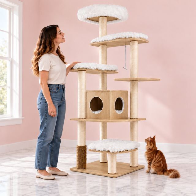 Chestnut Retreat179cm wooden cat tree in natural finish with a ginger Maine Coon and woman interacting in an empty light pink room.