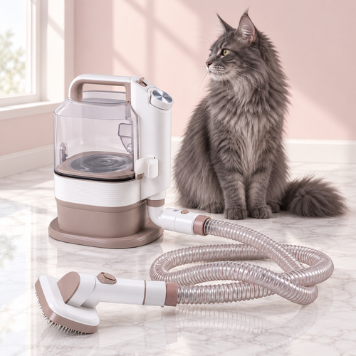 3.2L Cat Grooming Vacuum & Clipper Set – The Coat Atelier with a smoky grey Maine Coon in a light pink room
