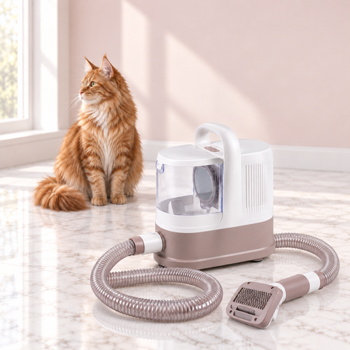 9-in-1 Cat Grooming Vacuum & Dryer Set – The Coat Salon with a ginger Maine Coon in a light pink room