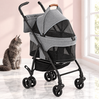 Compact Pet Stroller with Detachable Carrier – 10kg Limit, shown with a smoky grey Maine Coon in an empty light pink room.